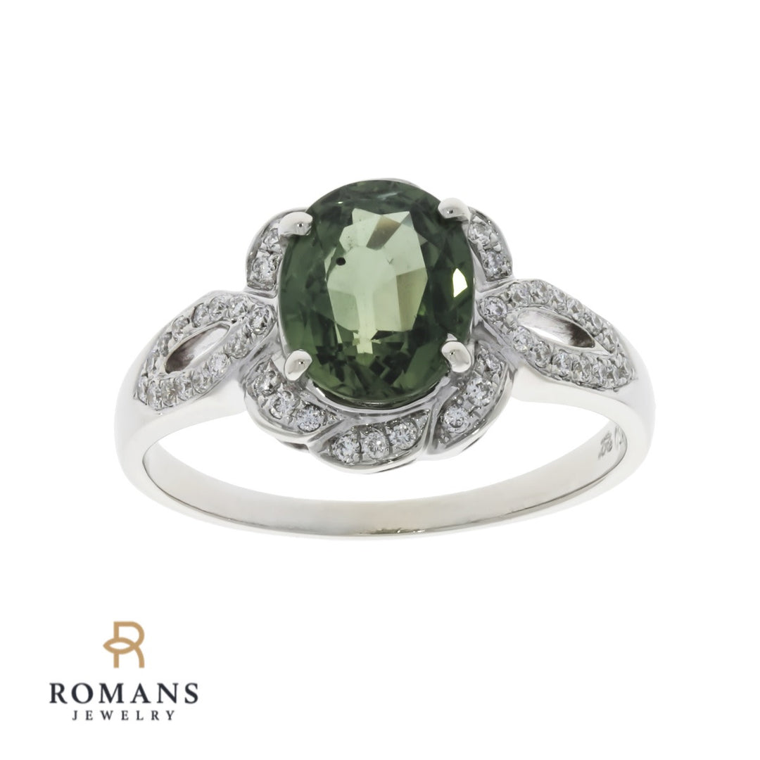 Green Sapphire Diamond Ring 18K White Gold