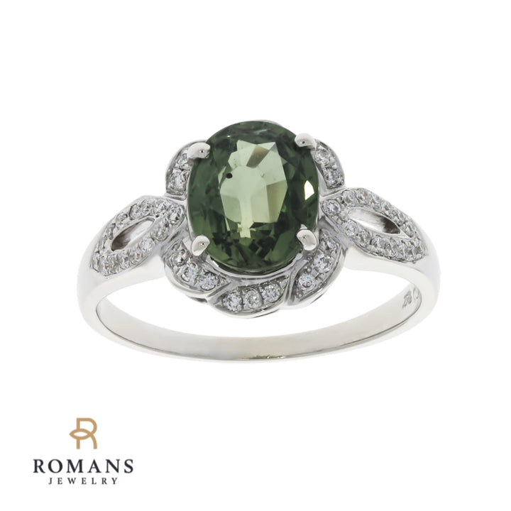 Green Sapphire Diamond Ring 18K White Gold