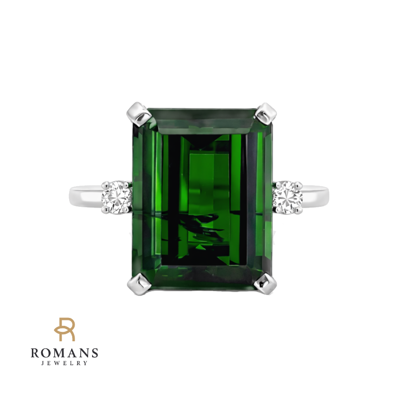 Green Tourmaline Diamond Ring 14K White Gold 10.53CT