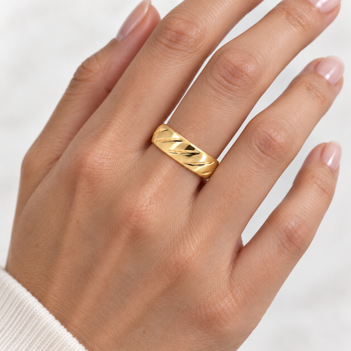 Grooved Wedding Band 5.5MM 14K Yellow Gold Brushed Finish