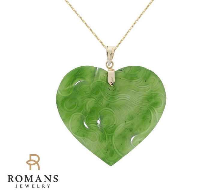 Heart Dragon Carved Jade Pendant 14K Yellow Gold