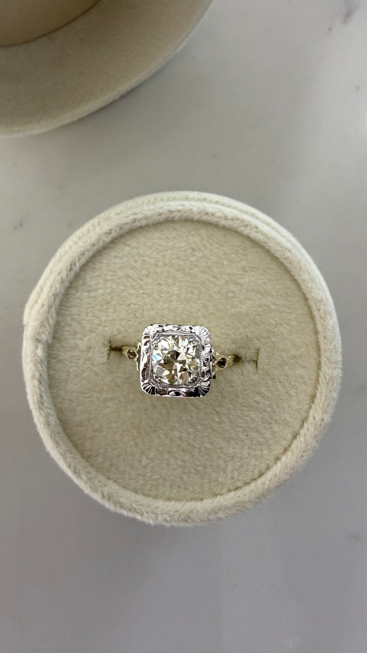 Old European Diamond Filigree Engagement Ring 14K Two Tone 1.40CT