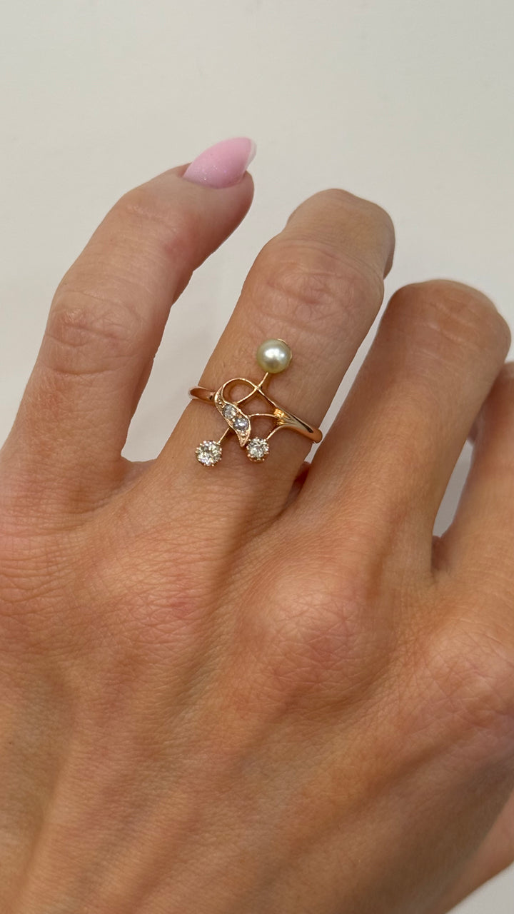 Diamond Pearl Vintage Ring 14K Rose Gold .15 CTW