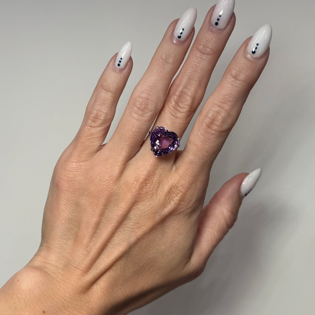 Heart Sapphire Natural Purple Unheated Diamond Ring 14K White Gold