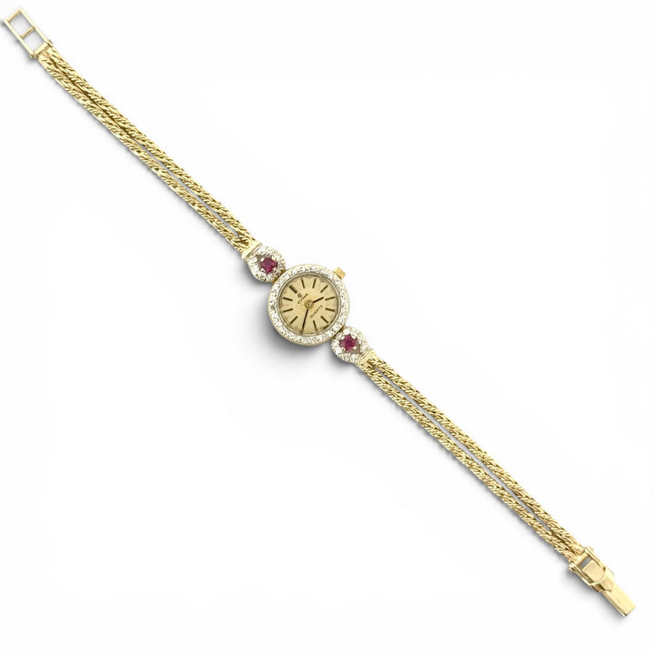 Vintage Cyma 14K Yellow Gold Diamond Ruby Quartz Bracelet Watch 17mm