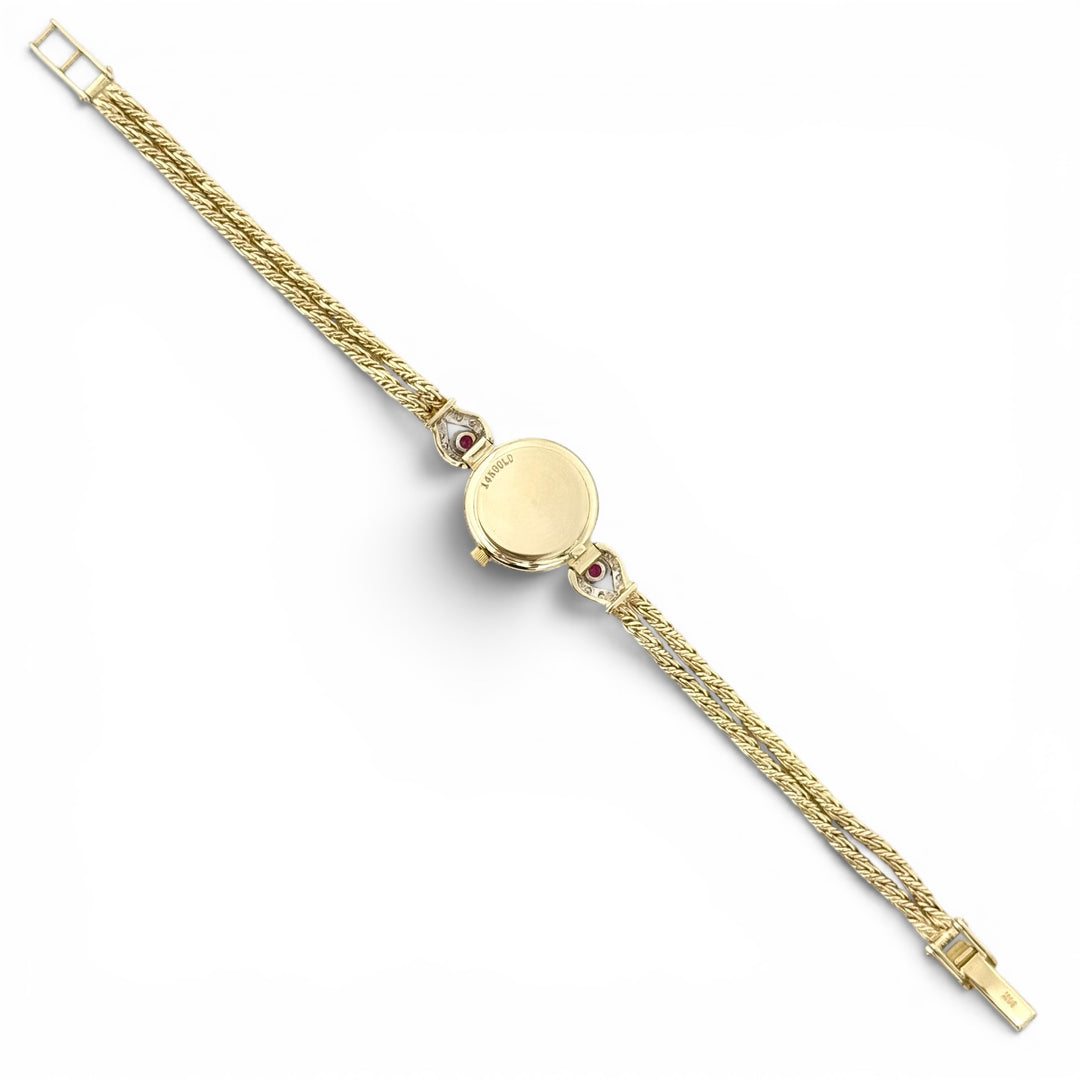 Vintage Cyma 14K Yellow Gold Diamond Ruby Quartz Bracelet Watch 17mm