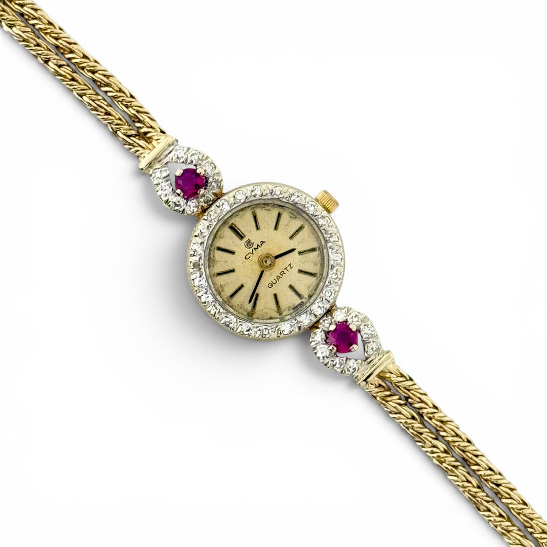 Vintage Cyma 14K Yellow Gold Diamond Ruby Quartz Bracelet Watch 17mm