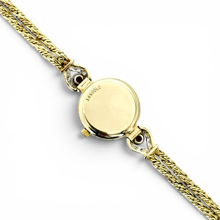 Vintage Cyma 14K Yellow Gold Diamond Ruby Quartz Bracelet Watch 17mm