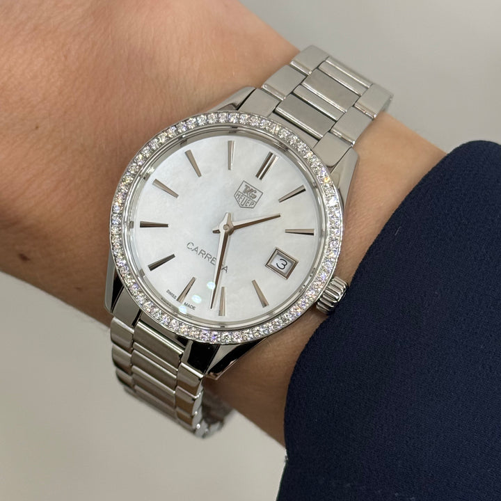 TAG Heuer Carrera Diamond Bezel Mother-of-Pearl Dial Quartz Watch 32mm WAR1315