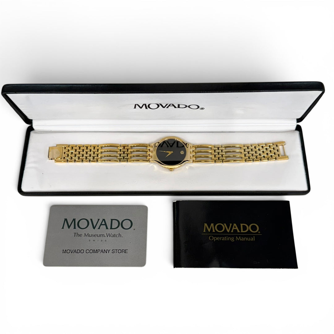 Movado Esperanza Gold-Plated Black Museum Dial Quartz Watch 33mm Ref. 88.G2.1881
