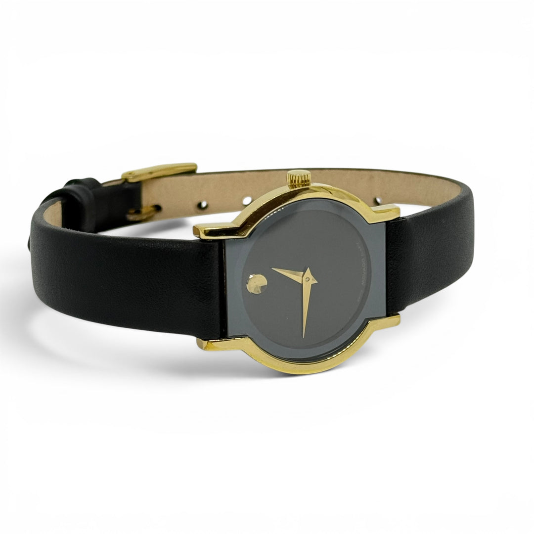 Movado Ladies Black Museum Dial Leather Strap Quartz Watch 24mm Ref. 87-90-820