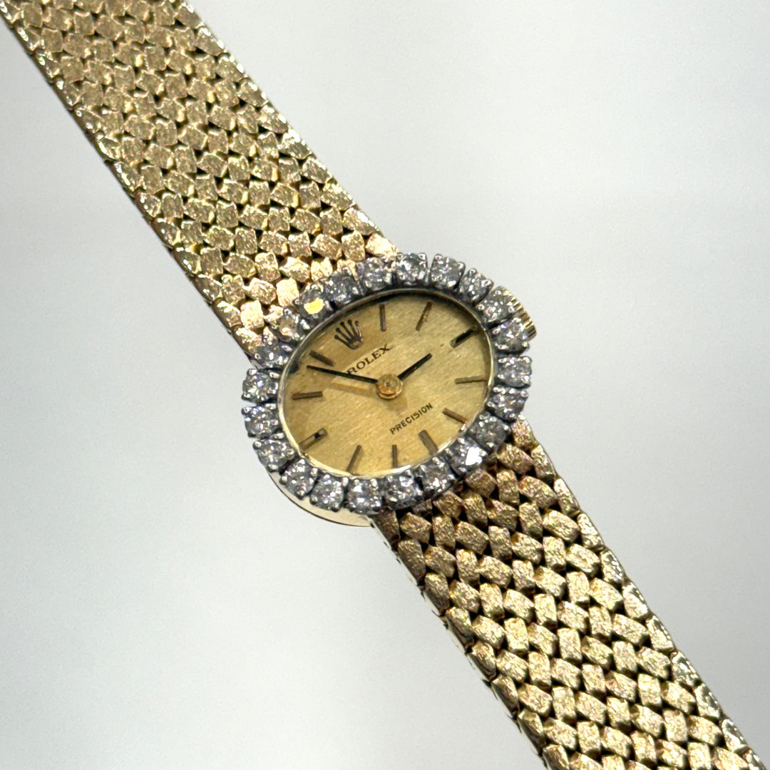 Rolex Ladies Precision 18K Gold Bracelet Watch Diamond Bezel 1970