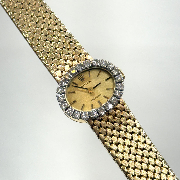 Rolex Ladies Precision 18K Gold Bracelet Watch Diamond Bezel 1970