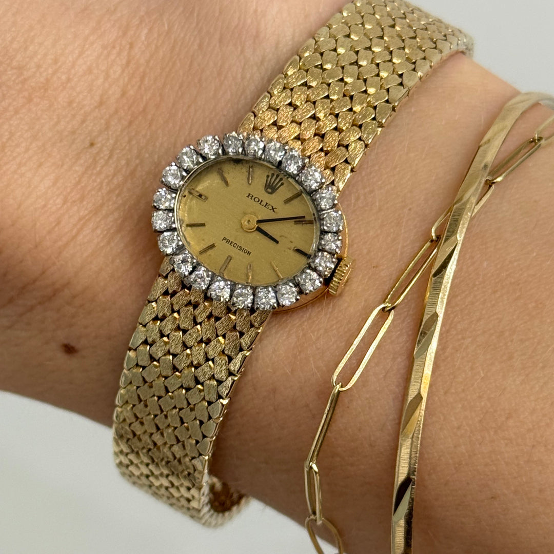 Rolex Ladies Precision 18K Gold Bracelet Watch Diamond Bezel 1970