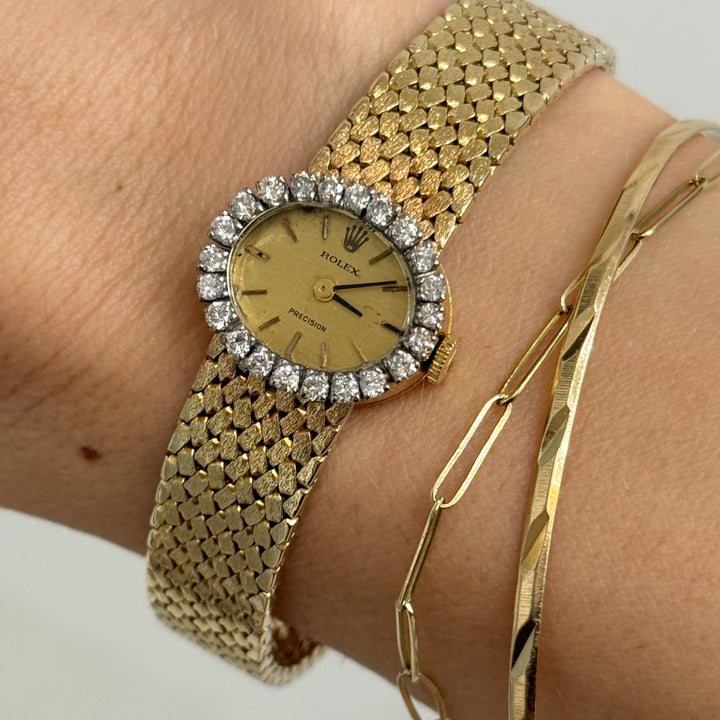 Rolex Ladies Precision 18K Gold Bracelet Watch Diamond Bezel 1970