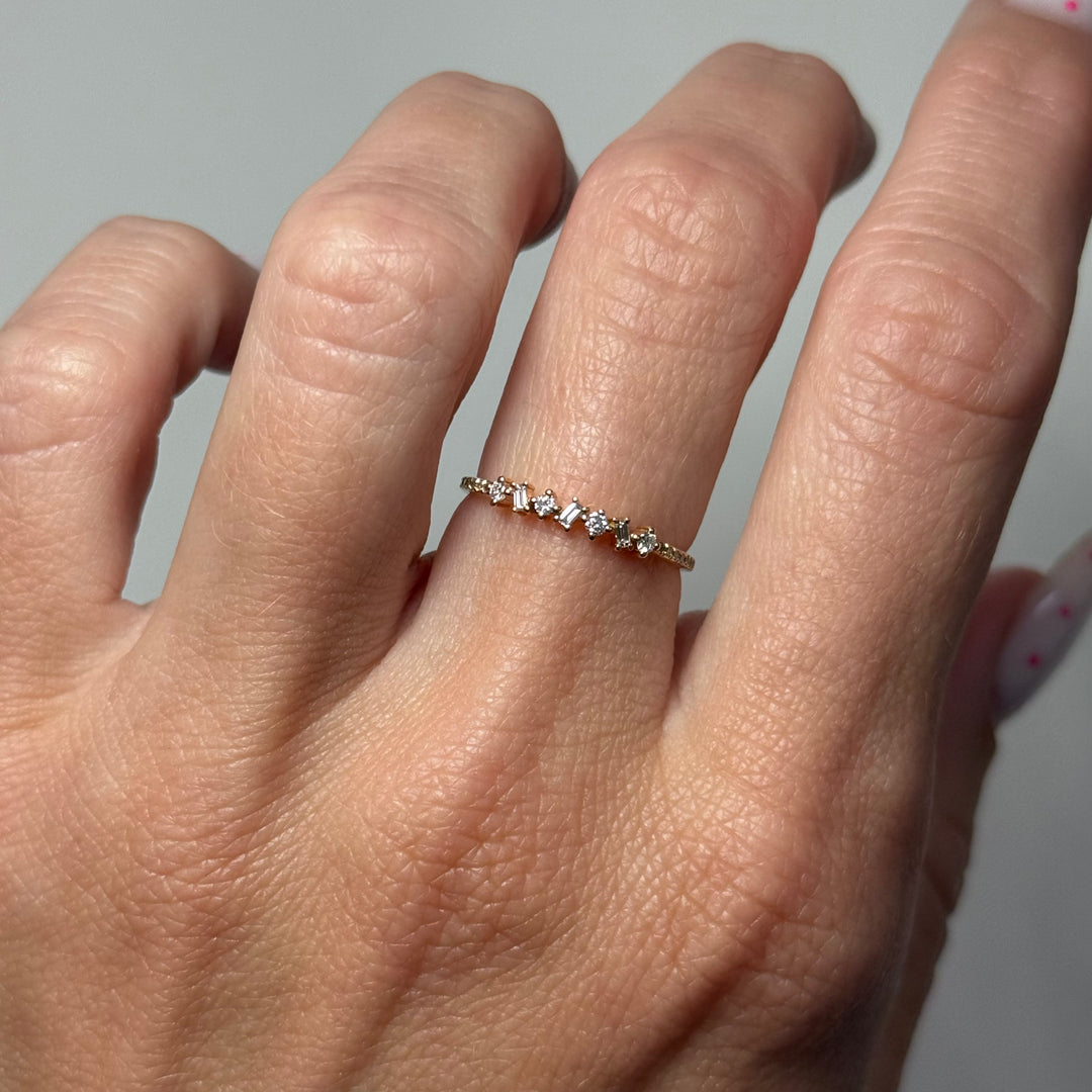 Diamond Band Alternating Baguette Round 14K Yellow Gold .16CTW