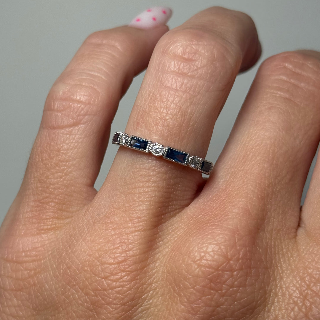 Sapphire Diamond Milgrain Band 14K White Gold