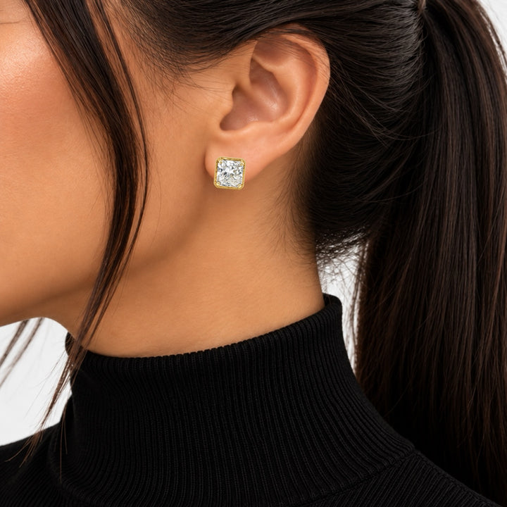 Lab Grown Cushion Diamond Filigree Stud Earrings 6.04CTW 18K Yellow Gold Platinum