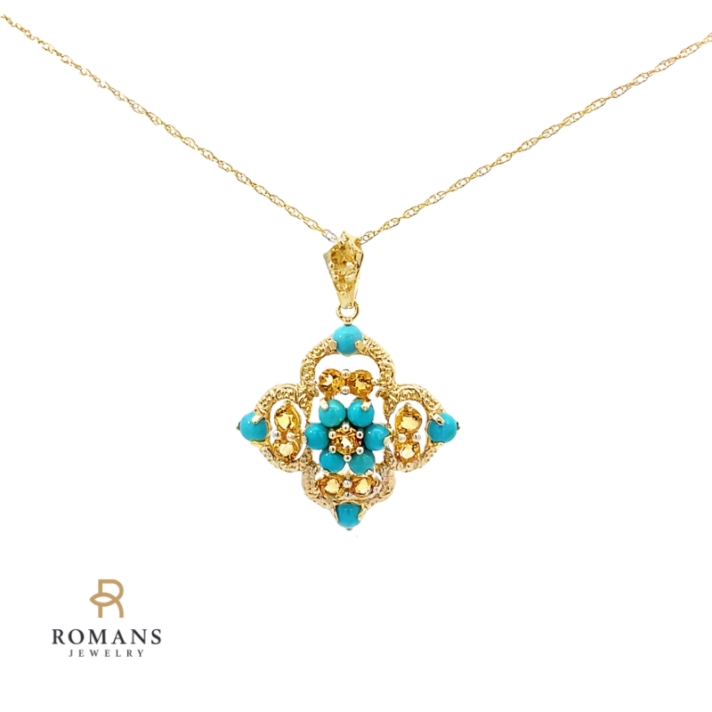 Imperial Topaz & Turquoise Pendant 14K Yellow Gold