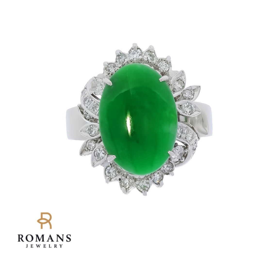 Jade Jadeite Natural Diamond Ring 18K White Gold
