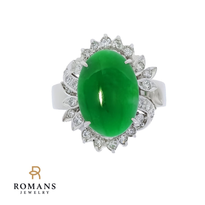 Jade Jadeite Natural Diamond Ring 18K White Gold