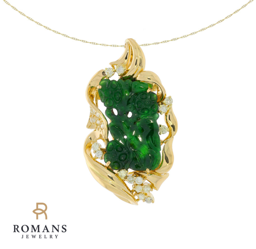 Jadeite Jade & Diamond Brooch Pendant 18K Yellow Gold .38CT