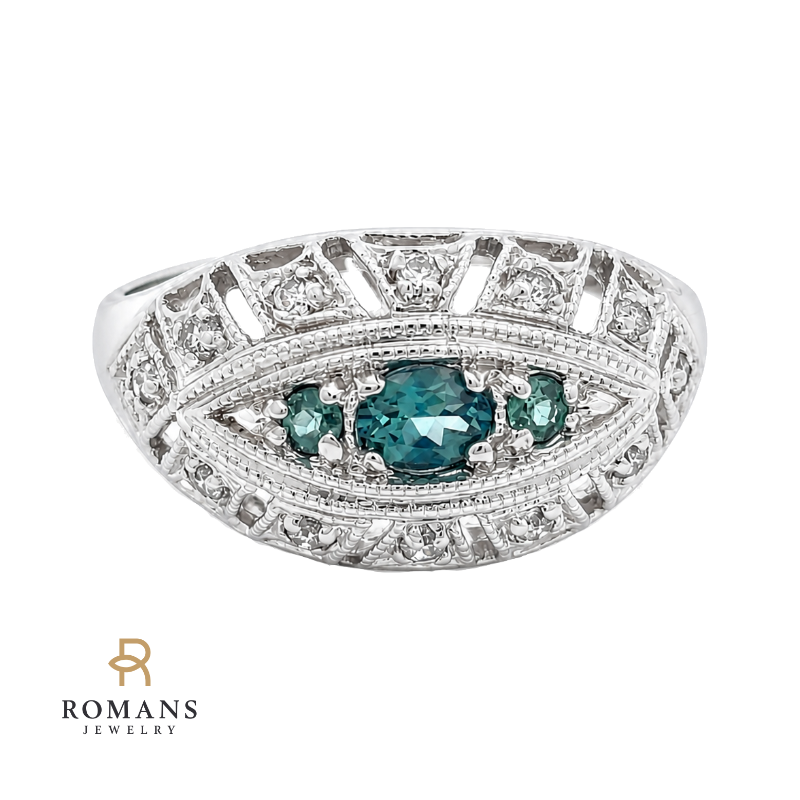 Lab Alexandrite &amp; Diamond Filigree Halo Ring 14K White Gold