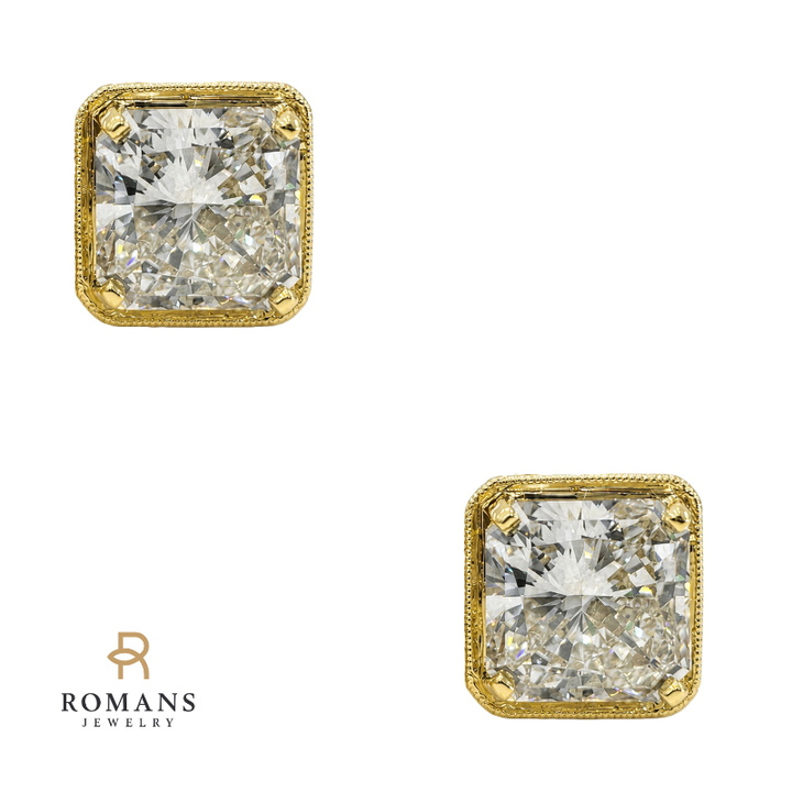 Lab Grown Cushion Diamond Filigree Stud Earrings 6.04CTW 18K Yellow Gold Platinum
