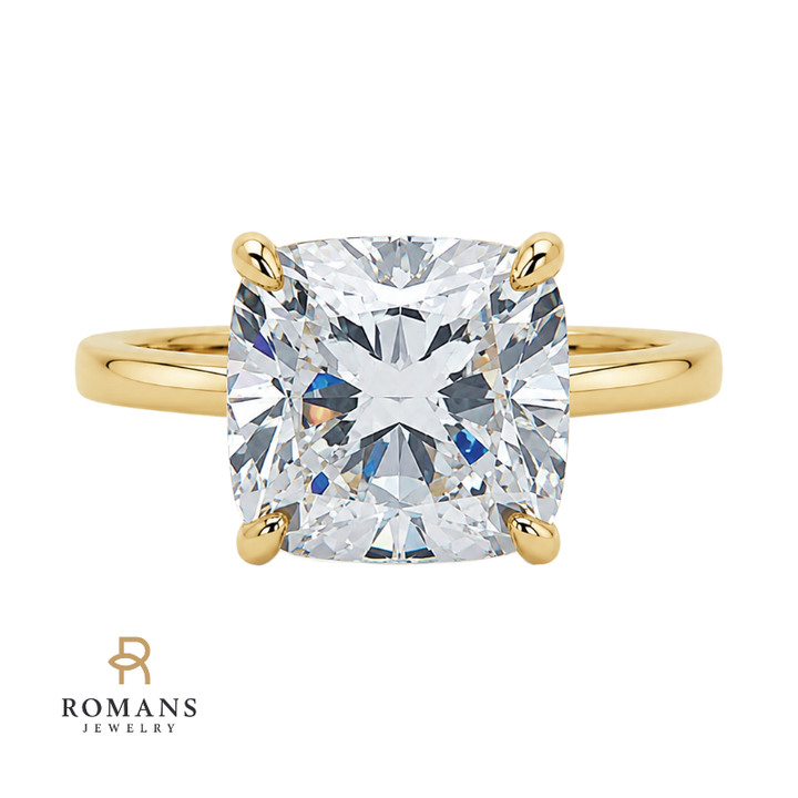 Lab Grown Cushion Diamond Solitaire Ring 5.29CT 14K Yellow Gold