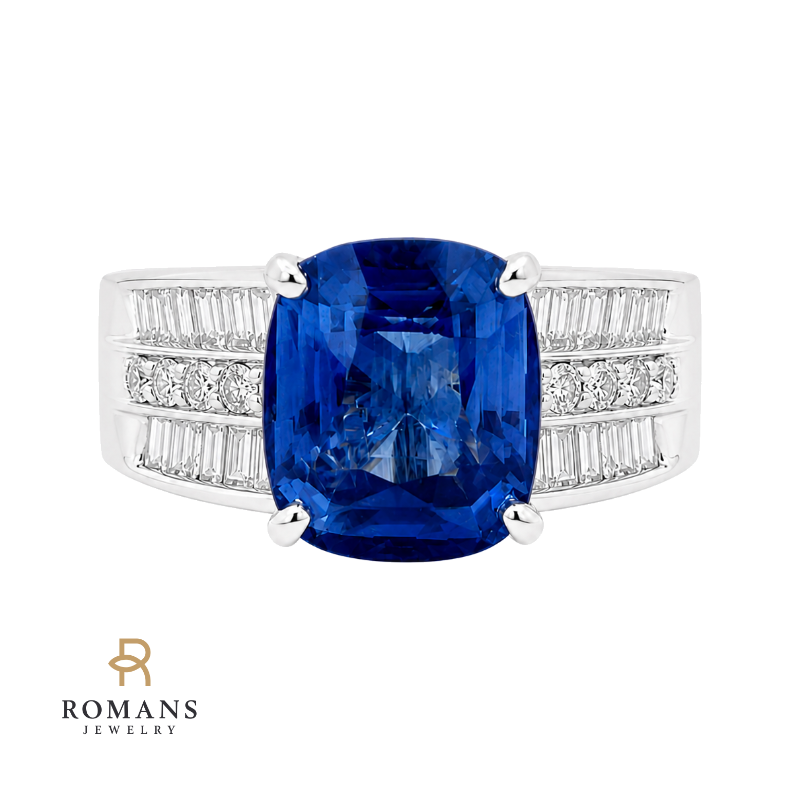 Lab Sapphire Diamond Ring 6.18CT 14K White Gold Cushion