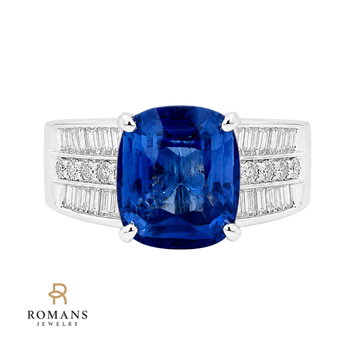 Lab Sapphire Diamond Ring 6.18CT 14K White Gold Cushion