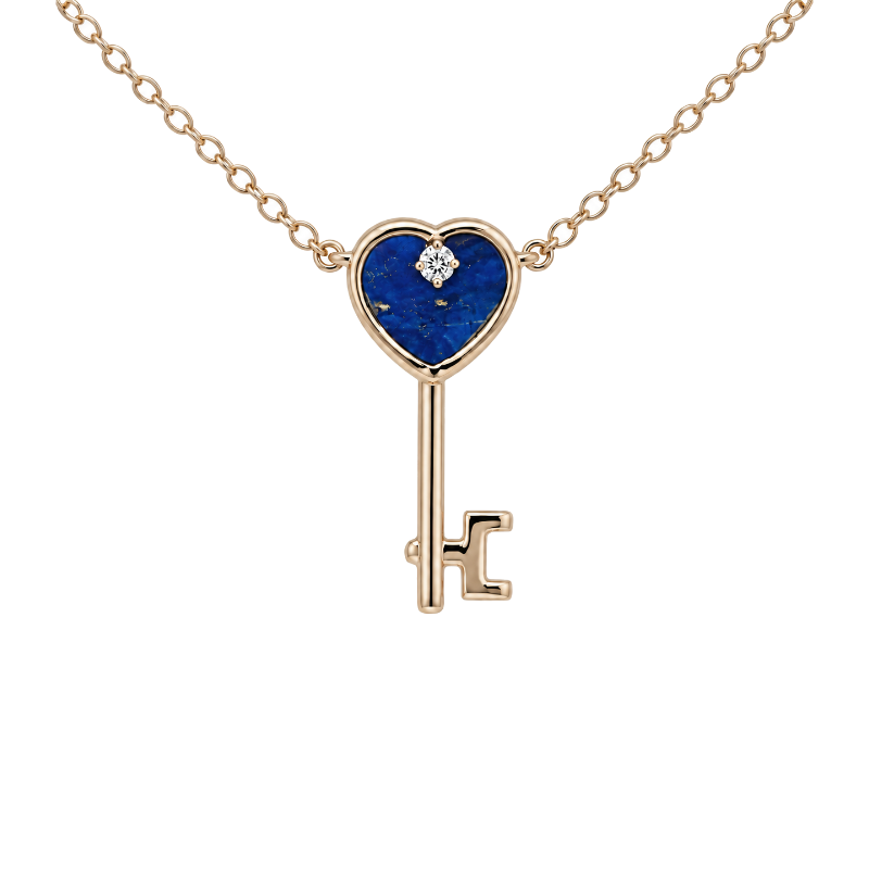 Lapis Diamond Heart Key Necklace 14K Yellow Gold .01CT