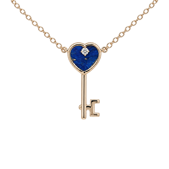 Lapis Diamond Heart Key Necklace 14K Yellow Gold .01CT