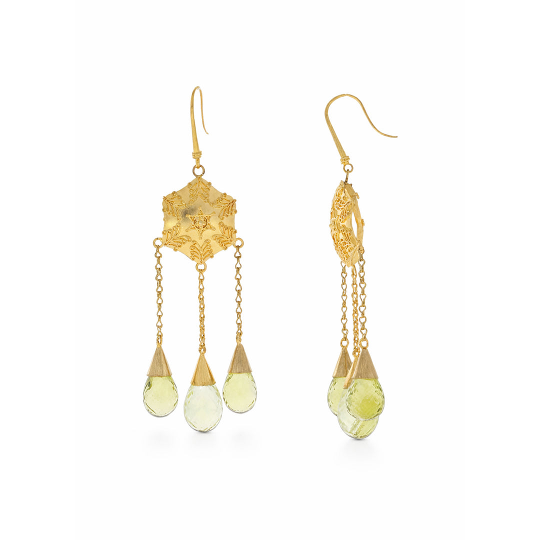 Lemon Quartz Dangling Earrings 22K Yellow Gold 42CTW