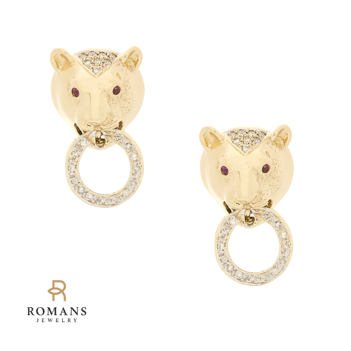 Leopard Diamond Ruby Earrings 14K Yellow Gold