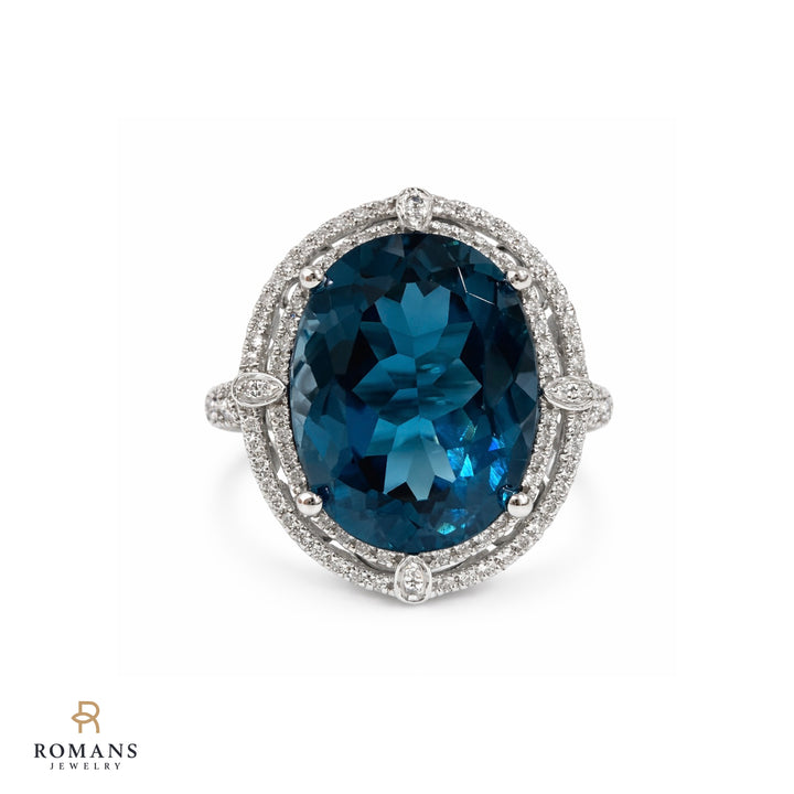 London Blue Topaz Diamond Ring 14K White Gold 15CT
