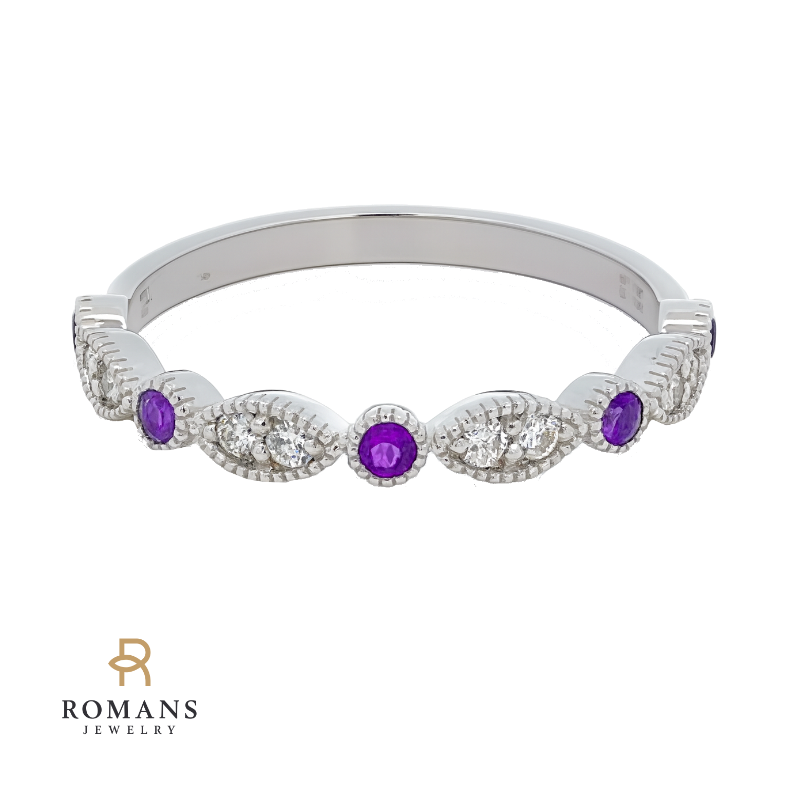 Marquise-Style Amethyst Diamond Milgrain Band 14K White Gold .10CTW