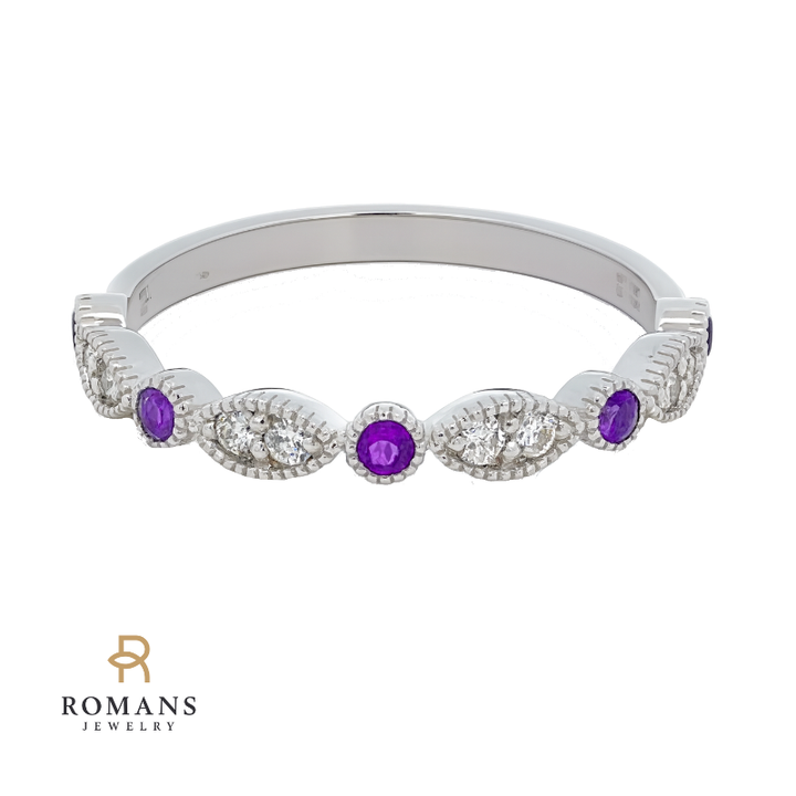 Marquise-Style Amethyst Diamond Milgrain Band 14K White Gold .10CTW