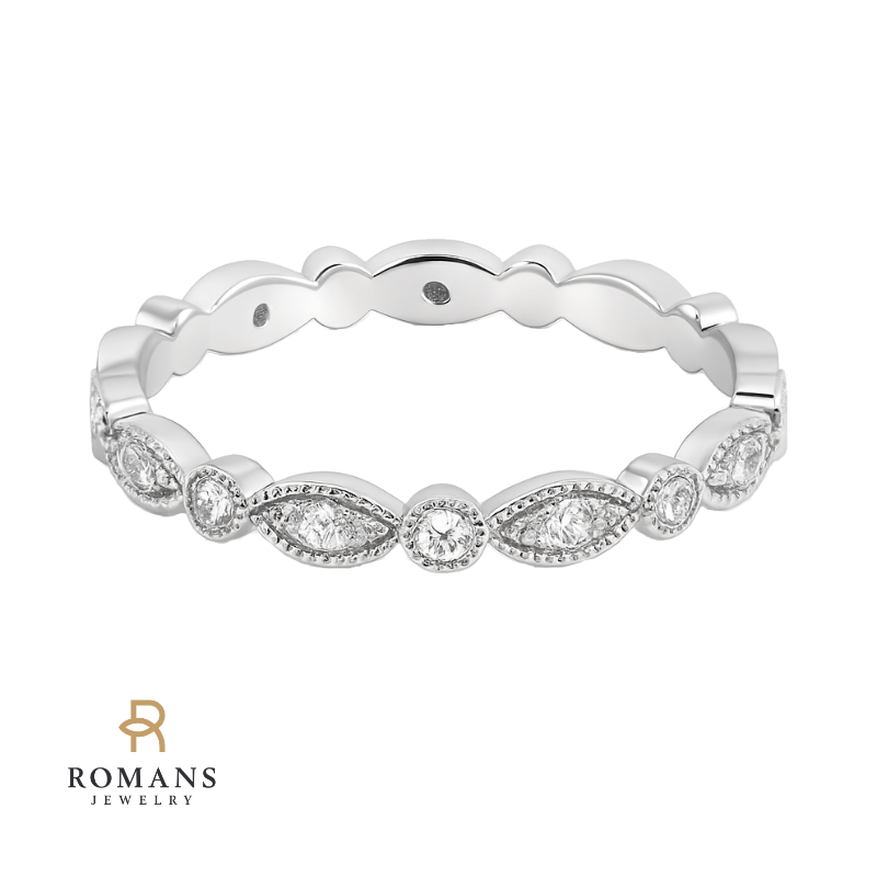 Milgrain Marquise Diamond Alternating Band 14K White Gold .08CTW