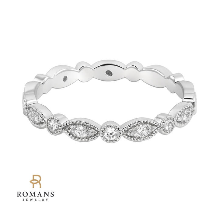 Milgrain Marquise Diamond Alternating Band 14K White Gold .08CTW