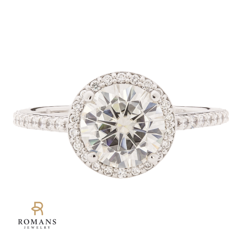 Moissanite Diamond Halo Ring 14K White Gold 8MM
