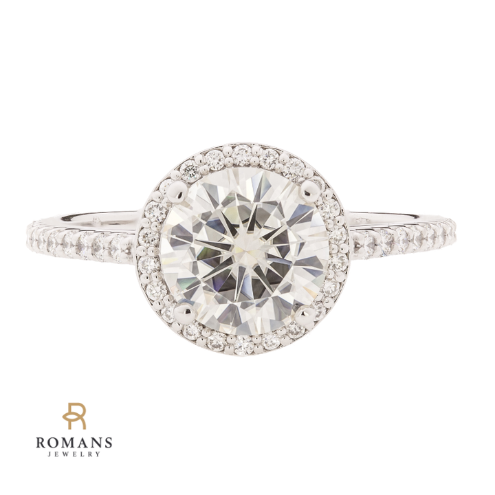 Moissanite Diamond Halo Ring 14K White Gold 8MM