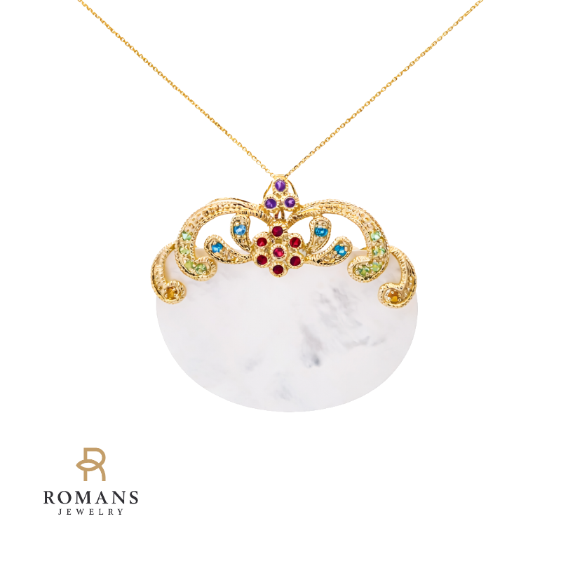 Multi Stone Mother of Pearl Brooch & Pendant 14K Yellow Gold