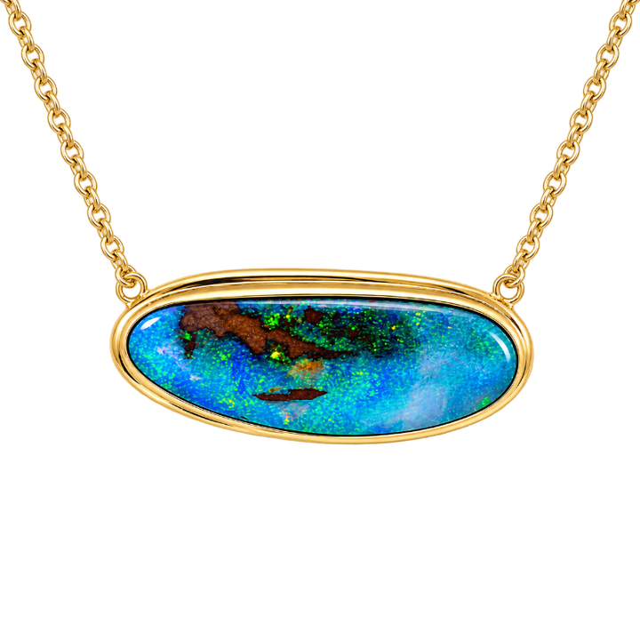 Natural Black Boulder Opal Bezel Set Necklace 14K Yellow Gold