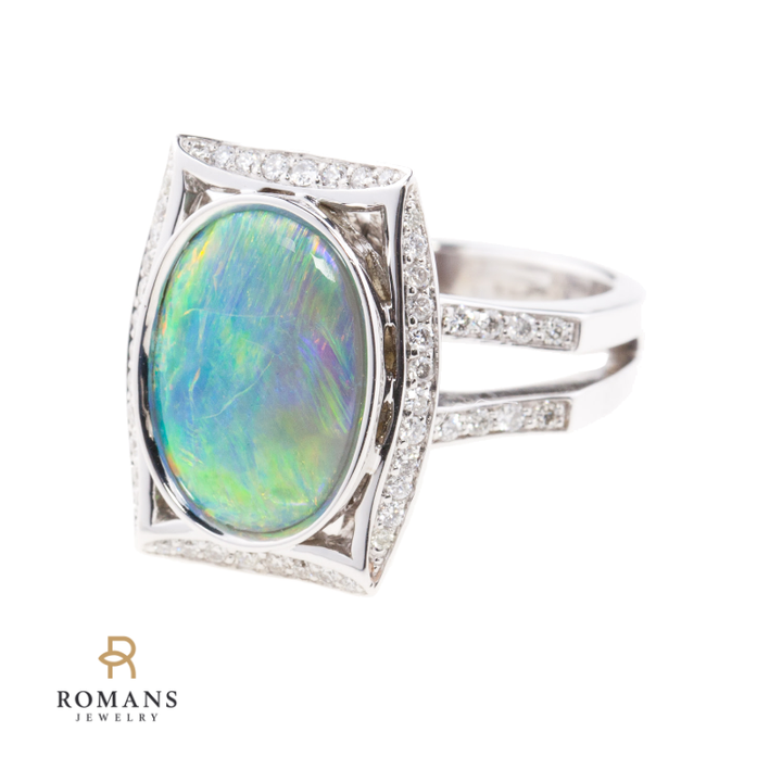 Natural Black Opal & Diamond 14K White Gold Ring