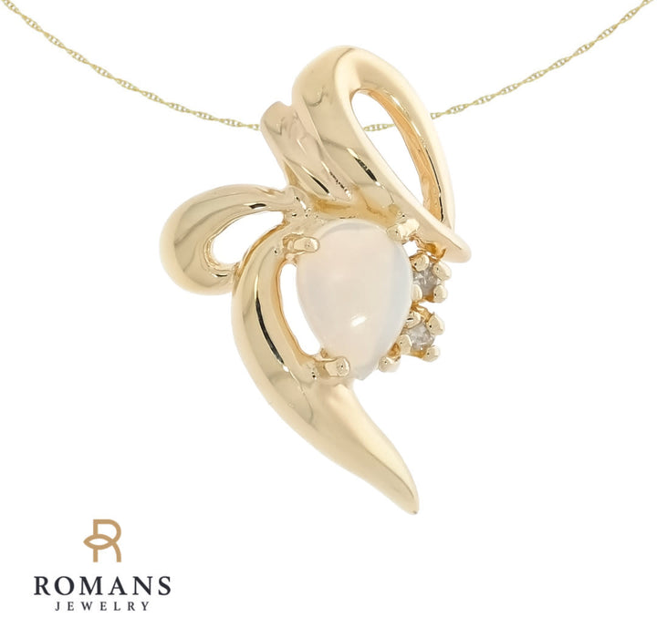 Natural Cabochon Opal & Diamond Swirl Pendant 14K Yellow Gold
