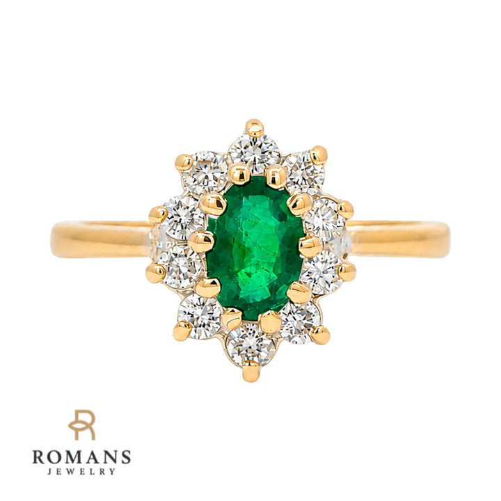 Natural Oval Emerald Diamond Halo Ring 14K Yellow Gold