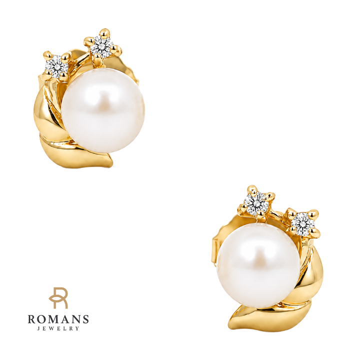 Natural Freshwater Pearl Diamond Stud Earrings 14K Yellow Gold 4.75MM