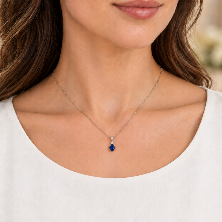 Natural Oval Sapphire &amp; Diamond Pendant 14K White Gold 1CT