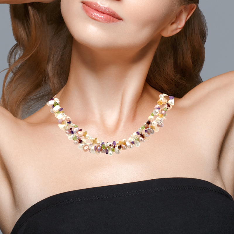 Pearl, Amethyst, Citrine, Peridot, White Topaz, Triple Strand Necklace 14K Yellow Gold